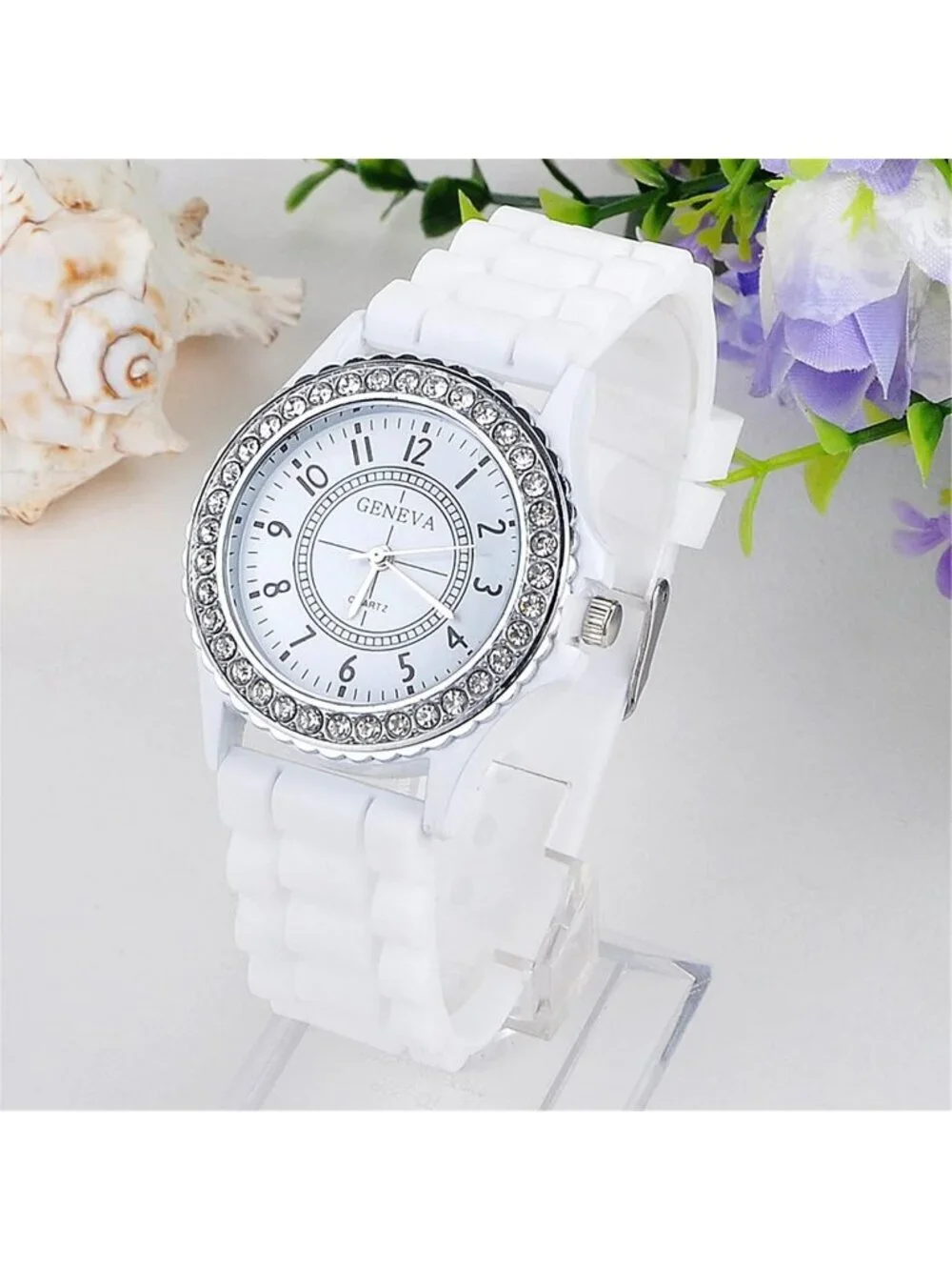 Women's White Analog Quartz Silicone Band Lady Digital Rhinestone Wrist Watch